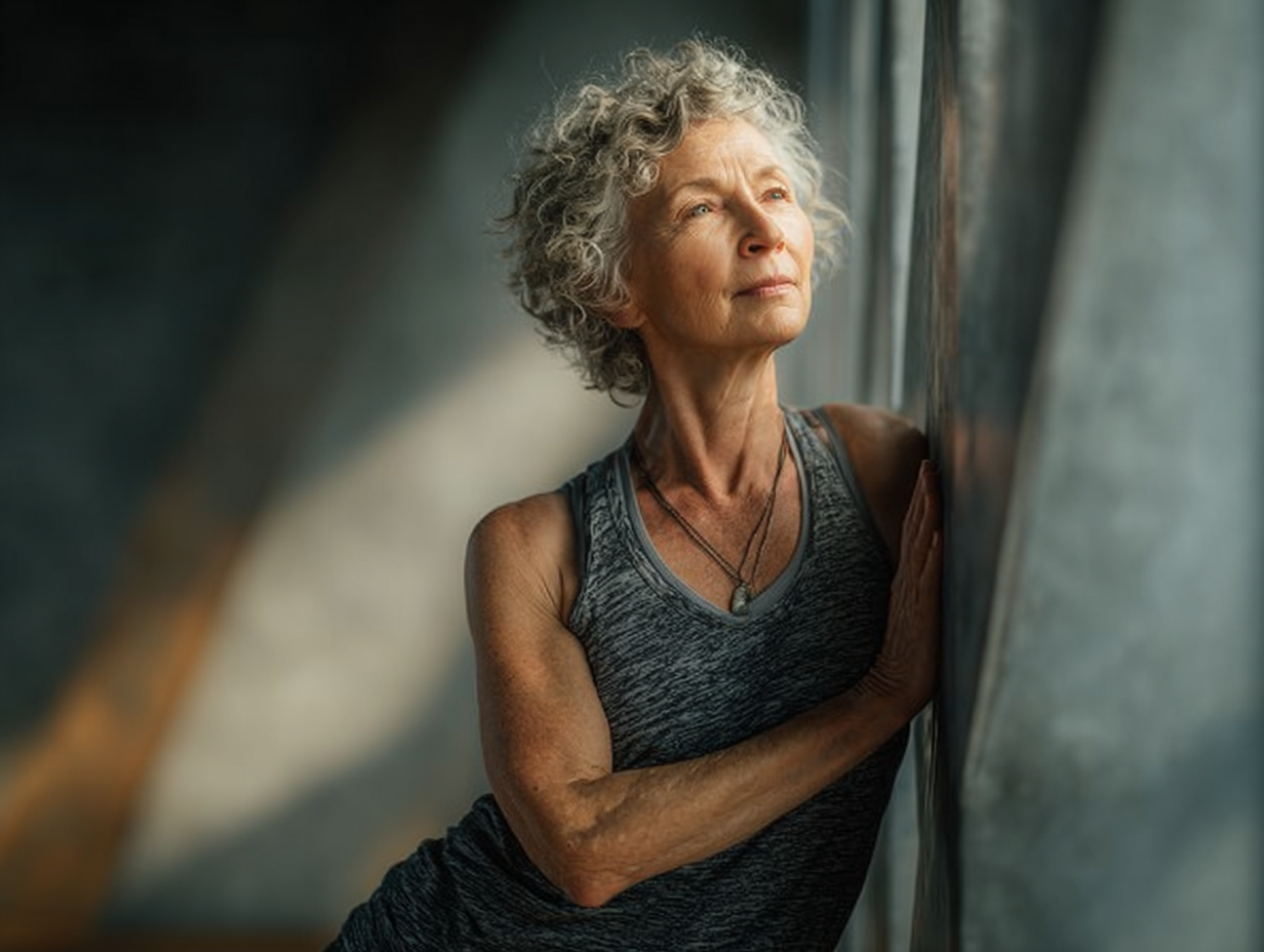 Группа людей зрелого возраста занимается йогой