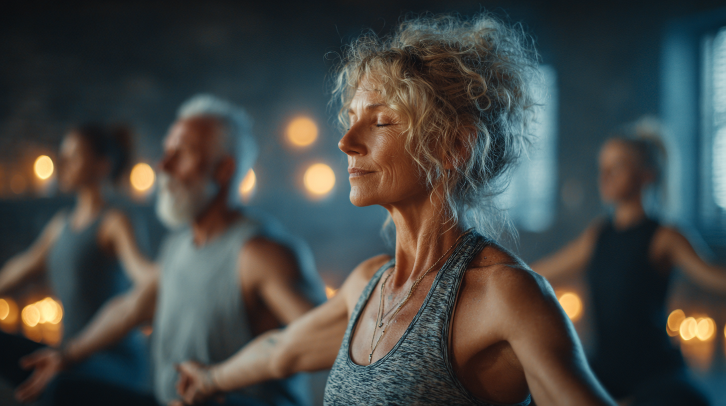 Пожилая женщина медитирует на коврике для йоги